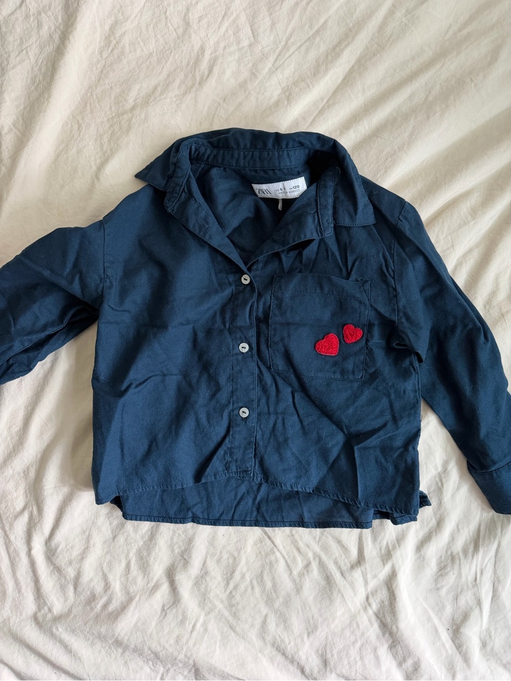 Zara Navy Blue Button-Up Shirt with Red Heart Patches
